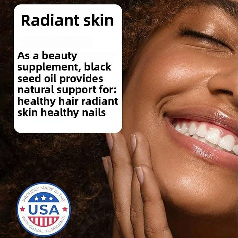 Oregano Oil Soft Capsules promotional graphic highlighting black seed oil for radiant skin, healthy hair and nails.