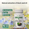 Oregano Oil Soft Capsules in a white bottle with green lettering, featuring black seed oil and a ribbed cap