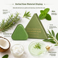 Oriental Arborvitae Isatis Leaf shampoo bar in green, with a triangular botanical-care package and matching solid bar.
