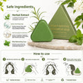 Herbal shampoo bar with a green triangular soap and matching package labeled scalp revival, beside mint leaves; Oriental Arborvitae Isatis Leaf
