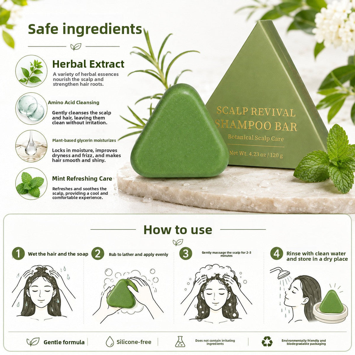 Herbal shampoo bar with a green triangular soap and matching package labeled scalp revival, beside mint leaves; Oriental Arborvitae Isatis Leaf