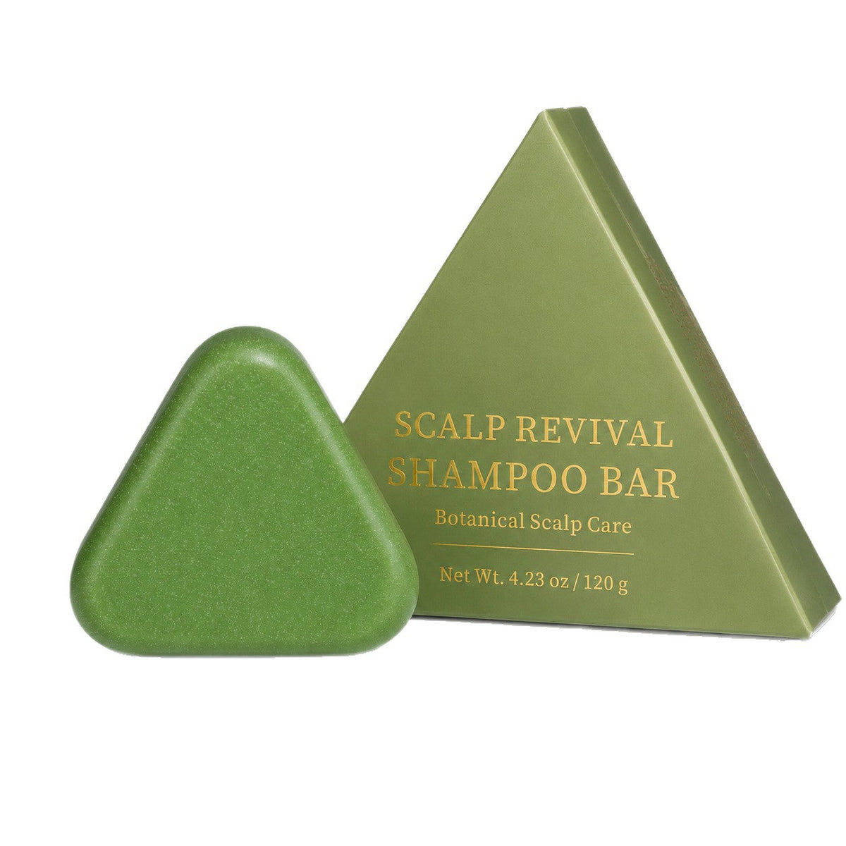 Oriental Arborvitae Isatis Leaf shampoo bar in green, with a smooth rounded soap beside a triangular box labeled scalp revival shampoo bar.