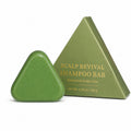 Shampoo bar in a smooth green triangular shape beside matching green packaging labeled Scalp Revival Shampoo Bar; Oriental Arborvitae Isatis Leaf