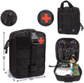 Outdoor Survival Tactical Bag in black woven fabric with zippered compartments, MOLLE webbing and a red cross patch