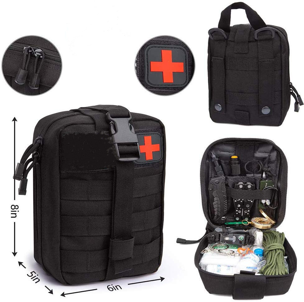 Outdoor Survival Tactical Bag in black woven fabric with zippered compartments, MOLLE webbing and a red cross patch