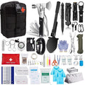Outdoor Survival Tactical Bag in black nylon with a red cross patch, shown with a folding shovel, multitool, rope and first aid supplies