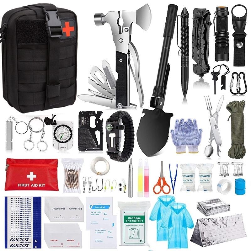 Outdoor Survival Tactical Bag in black nylon with a red cross patch, shown with a folding shovel, multitool, rope and first aid supplies