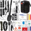 Outdoor Survival Tactical Bag in black nylon with a red cross patch, shown with assorted knives, tools, cord and first aid supplies