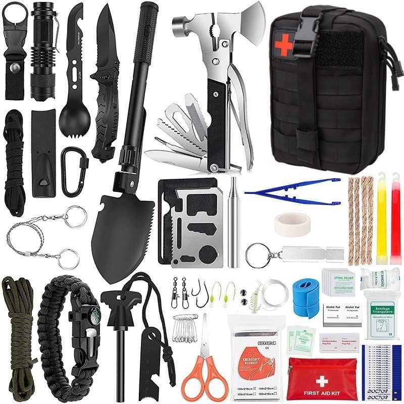 Outdoor Survival Tactical Bag in black nylon with a red cross patch, shown with assorted knives, tools, cord and first aid supplies