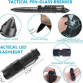 Outdoor Survival Tactical Bag kit featuring a black tactical pen with tungsten glass breaker tip and compact LED flashlight