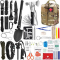 Outdoor Survival Tactical Bag in tan camouflage nylon with a red cross patch, shown with black survival tools and first aid supplies