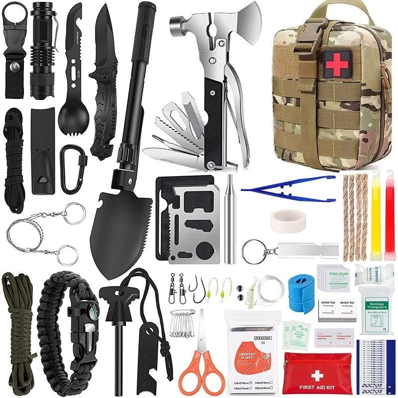 Outdoor Survival Tactical Bag in tan camouflage nylon with a red cross patch, shown with black survival tools and first aid supplies