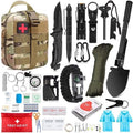 Outdoor Survival Tactical Bag in tan camouflage fabric with a red cross patch, shown with black survival tools, cord and first aid supplies