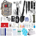 Outdoor Survival Tactical Bag in tan, green and brown camouflage with a red cross patch, shown with assorted survival tools and first aid supplies