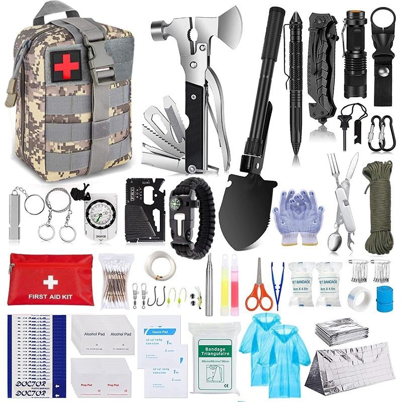 Outdoor Survival Tactical Bag in tan, green and brown camouflage with a red cross patch, shown with assorted survival tools and first aid supplies