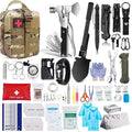 Outdoor Survival Tactical Bag in tan camouflage with a red cross patch, shown with compact survival tools and first aid supplies.