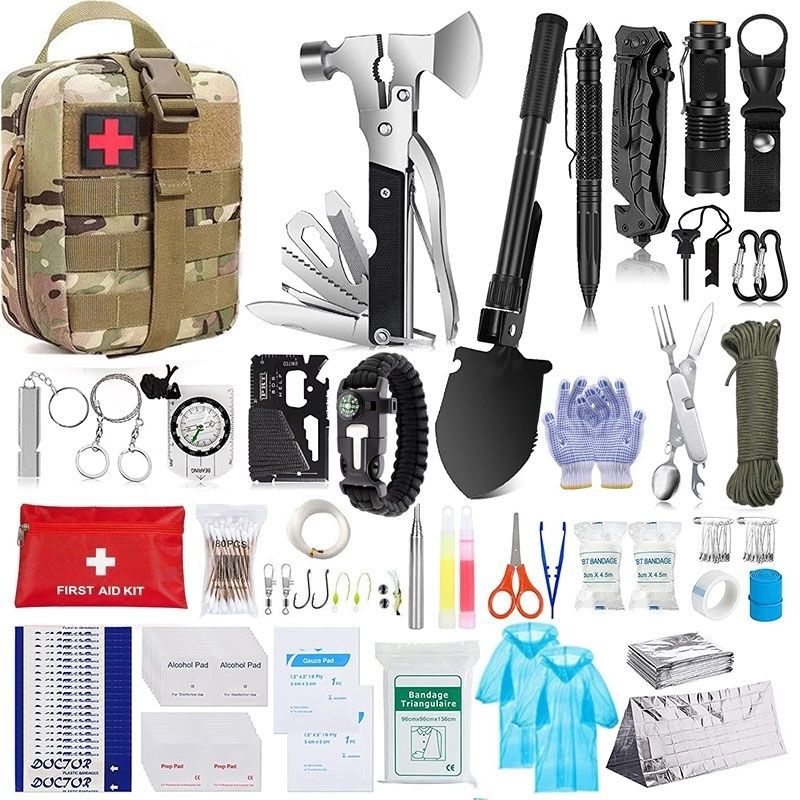 Outdoor Survival Tactical Bag in tan camouflage with a red cross patch, shown with compact survival tools and first aid supplies.