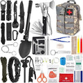 Outdoor Survival Tactical Bag in gray digital camouflage with front straps and red cross patch, surrounded by black tools and first aid supplies