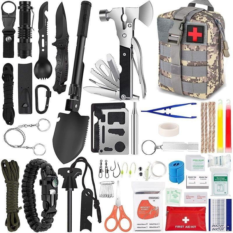 Outdoor Survival Tactical Bag in gray digital camouflage with front straps and red cross patch, surrounded by black tools and first aid supplies