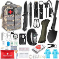 Outdoor Survival Tactical Bag in tan camouflage fabric with gray MOLLE webbing and red cross patch, shown with camping and first aid tools