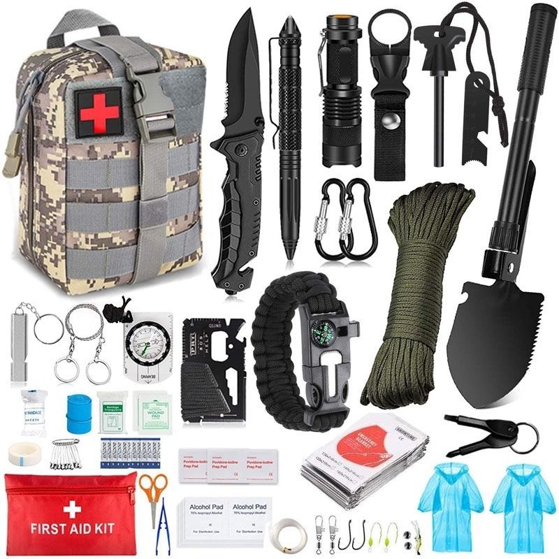 Outdoor Survival Tactical Bag in tan camouflage fabric with gray MOLLE webbing and red cross patch, shown with camping and first aid tools