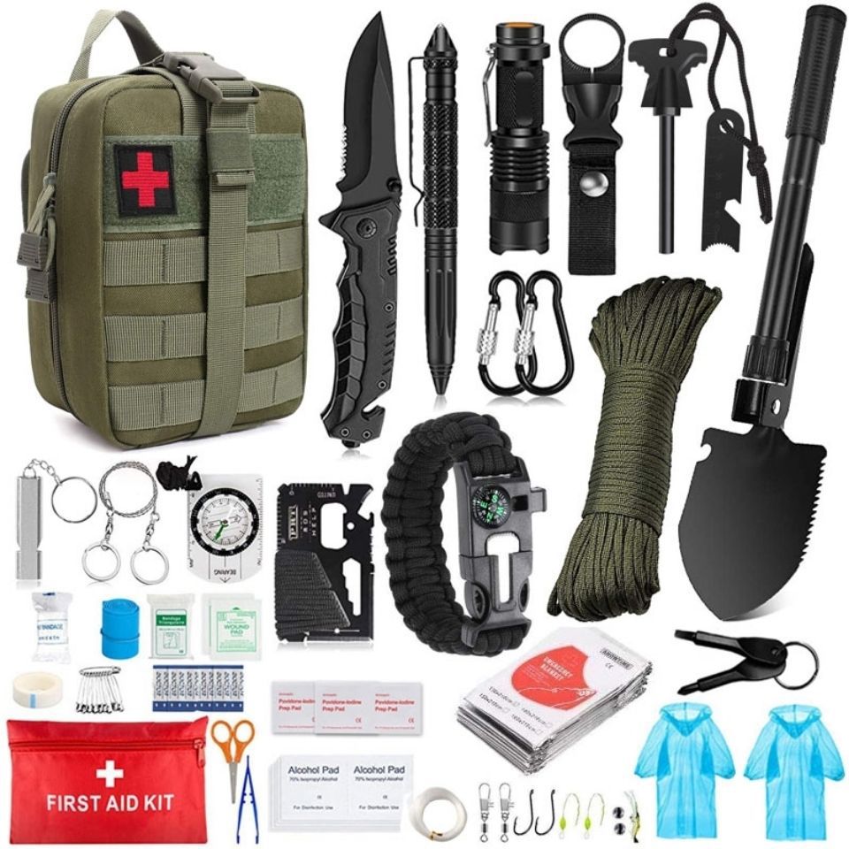 Outdoor Survival Tactical Bag in olive drab nylon with MOLLE webbing, red cross patch, knife and first aid kit alongside survival tools.