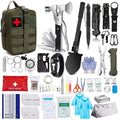 Outdoor Survival Tactical Bag in olive green nylon with a red cross patch, shown with assorted first aid supplies and survival tools