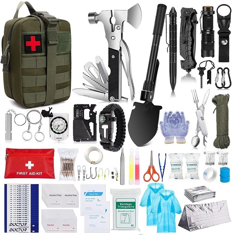 Outdoor Survival Tactical Bag in olive green nylon with a red cross patch, shown with assorted first aid supplies and survival tools