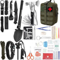 Outdoor Survival Tactical Bag in olive green nylon with MOLLE webbing and red cross patch, alongside assorted survival tools and first aid supplies.
