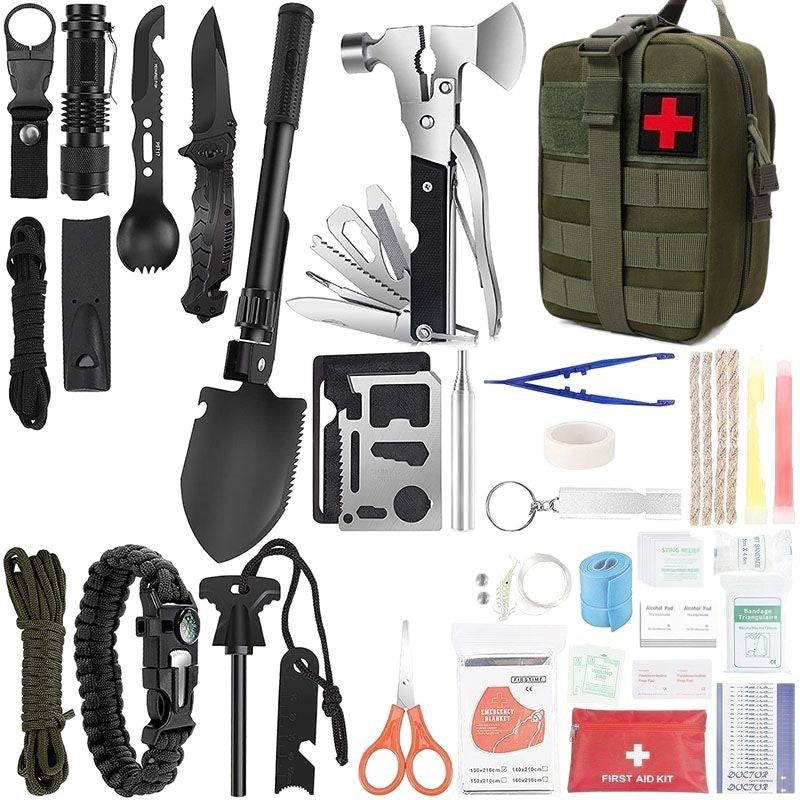 Outdoor Survival Tactical Bag in olive green nylon with MOLLE webbing and red cross patch, alongside assorted survival tools and first aid supplies.