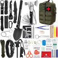 Outdoor Survival Tactical Bag in olive green nylon with MOLLE webbing, red cross patch, and assorted black survival and first aid tools