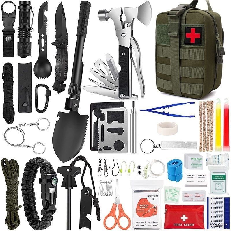 Outdoor Survival Tactical Bag in olive green nylon with MOLLE webbing, red cross patch, and assorted black survival and first aid tools