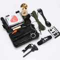 Outdoor Survival Tactical Bag shown open with compass, cord, mult tool, whistle, utensils, and compact emergency gear