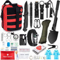 Outdoor Survival Tactical Bag in red and black with a medical cross, packed with black tools, green cord, and first aid supplies