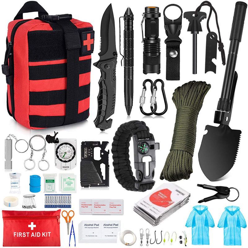 Outdoor Survival Tactical Bag in red and black with a medical cross, packed with black tools, green cord, and first aid supplies