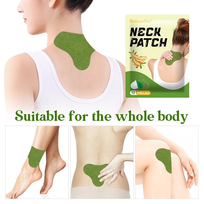 Pain Relief Patch shown as a green herbal adhesive patch applied to the neck, back, foot and knee