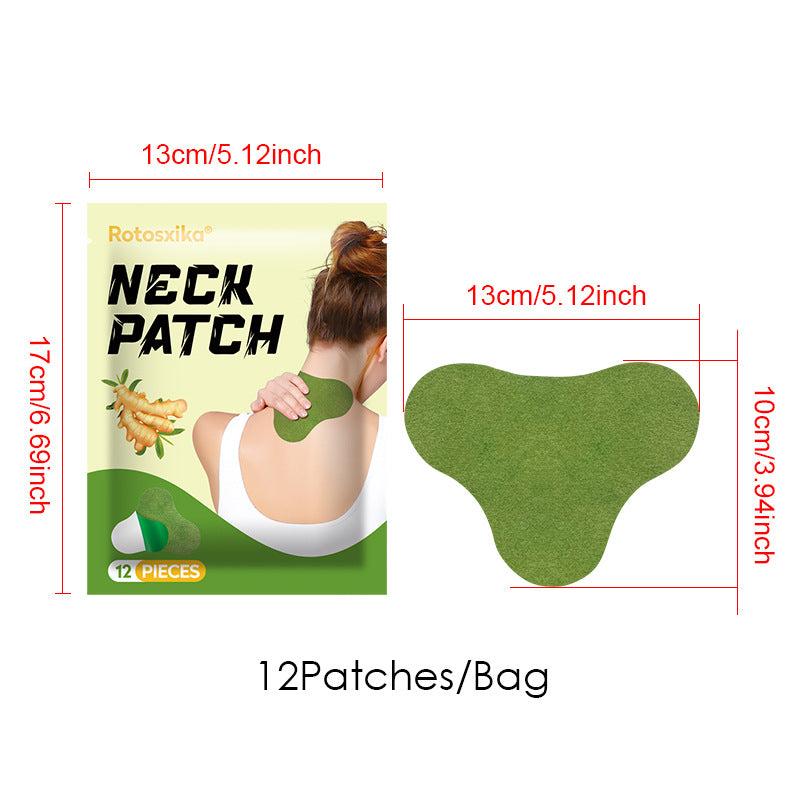 Pain Relief Patch set with green herbal neck patches, matching package showing shoulder use and 12 pieces per bag