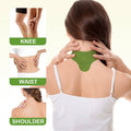Pain Relief Patch shown as a green adhesive patch on the back of the neck, with knee, waist and shoulder use examples