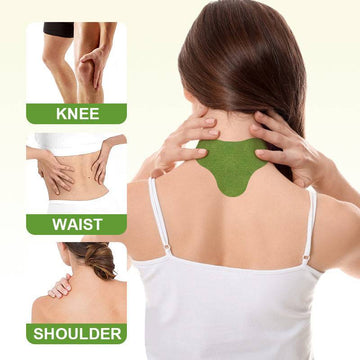 Pain Relief Patch shown as a green adhesive patch on the back of the neck, with knee, waist and shoulder use examples