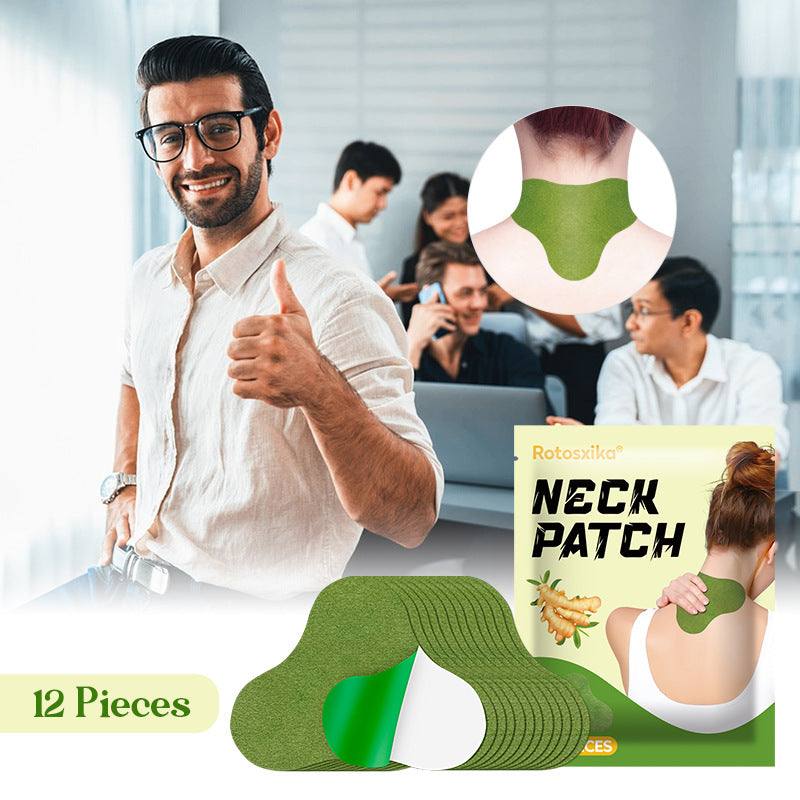 Pain Relief Patch for neck and shoulder, olive-green contoured adhesive pads shown with a 12-piece package
