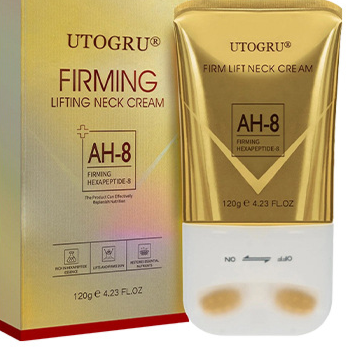 Peptide Roller Beauty neck cream in a metallic gold and white tube, with AH-8 labels and a rounded massage applicator.