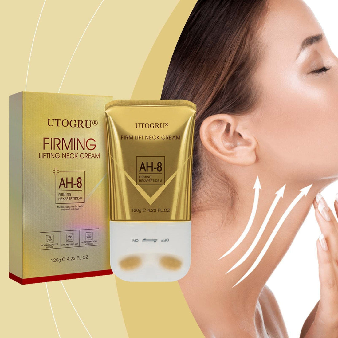 Peptide Roller Beauty neck cream in a metallic gold and white tube, with AH-8 labels and a rounded massage applicator.