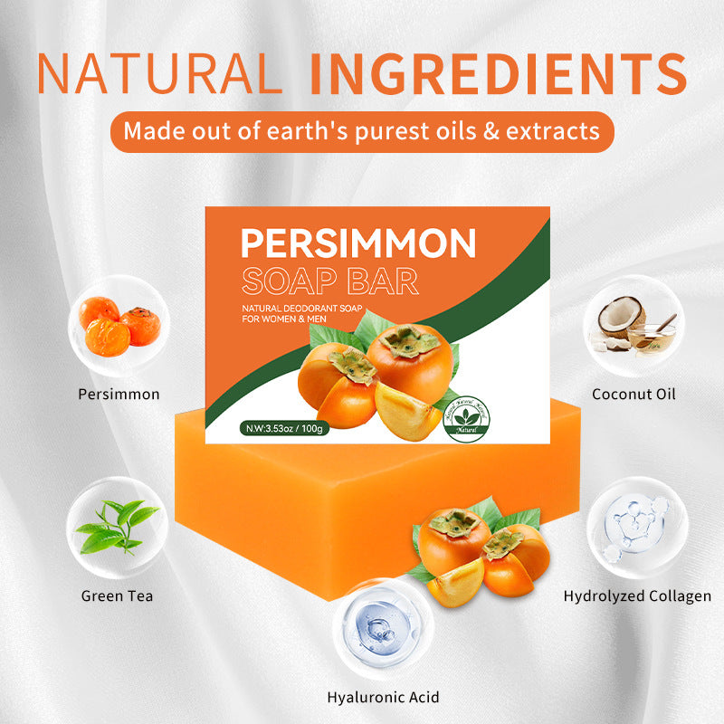 Persimmon Scent Handmade Soap, a bright orange rectangular bar with matching box labeled persimmon soap bar