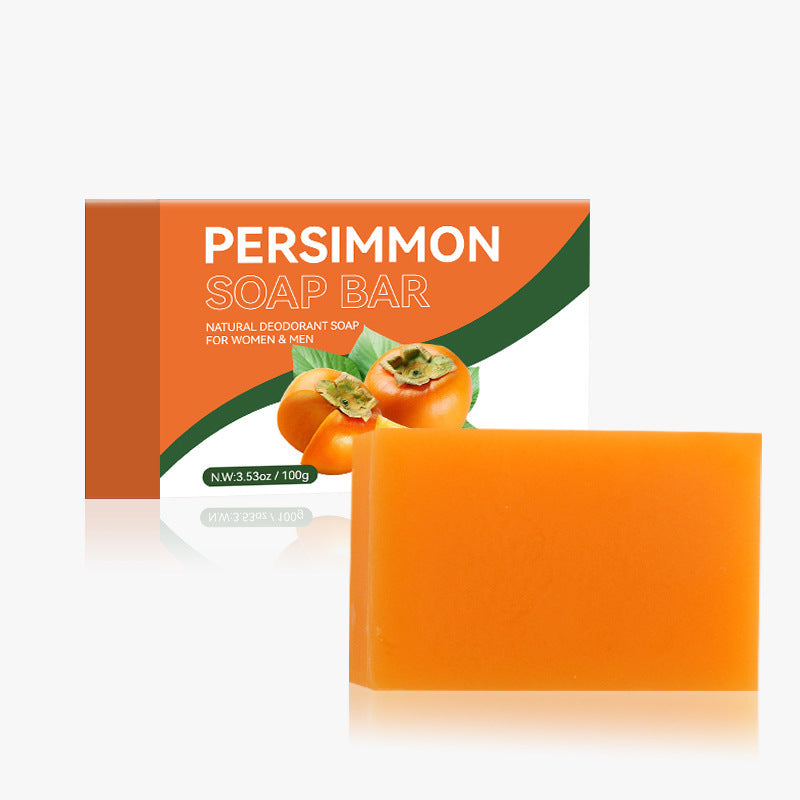 Persimmon Scent Handmade Soap with a smooth, bright orange rectangular bar and orange persimmon-illustrated packaging
