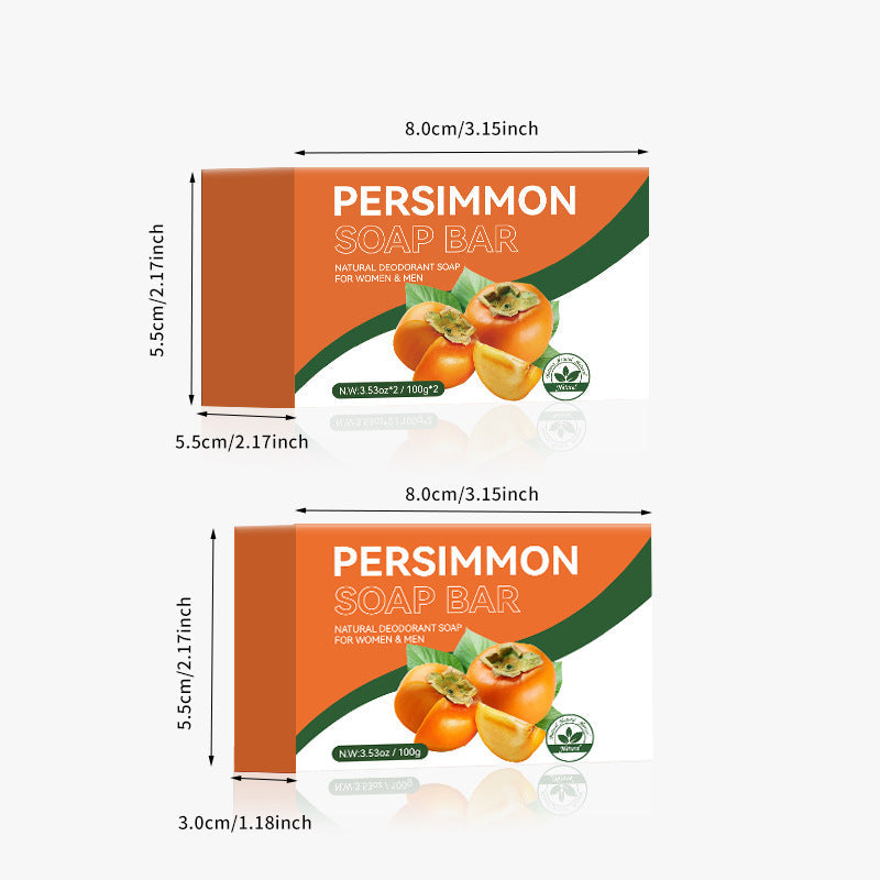 Persimmon Scent Handmade Soap in an orange rectangular box with persimmon fruit graphics and a dark green stripe