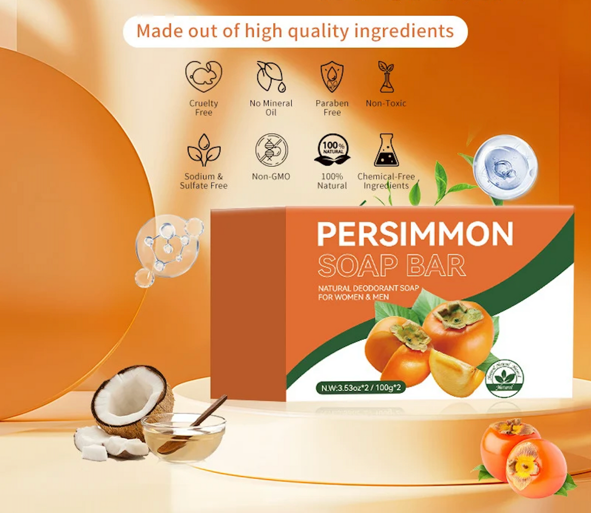 Persimmon Scent Handmade Soap in an orange and white box with persimmon fruit illustrations and green accents