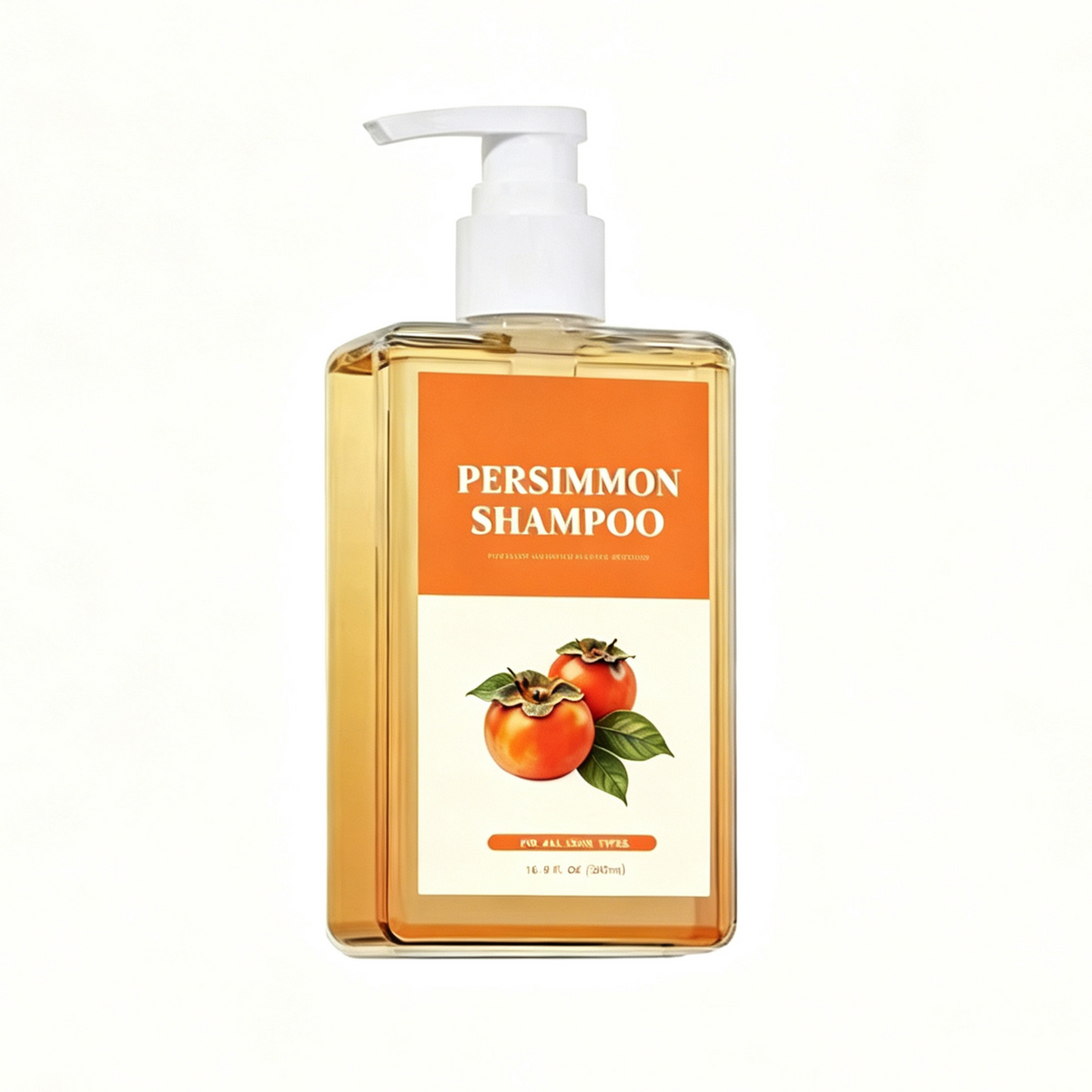 Persimmon Shower Gel in a clear amber pump bottle with an orange persimmon shampoo label and fruit illustration