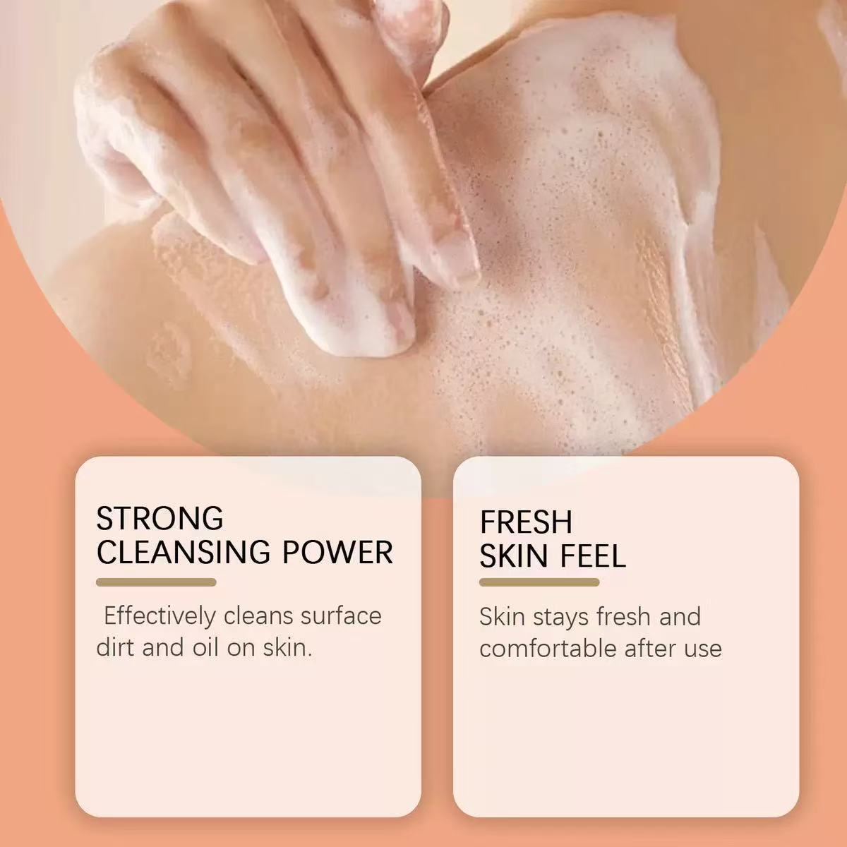 Persimmon Shower Gel shown as a foamy lather being rubbed onto skin, with cleansing and fresh-feel claims