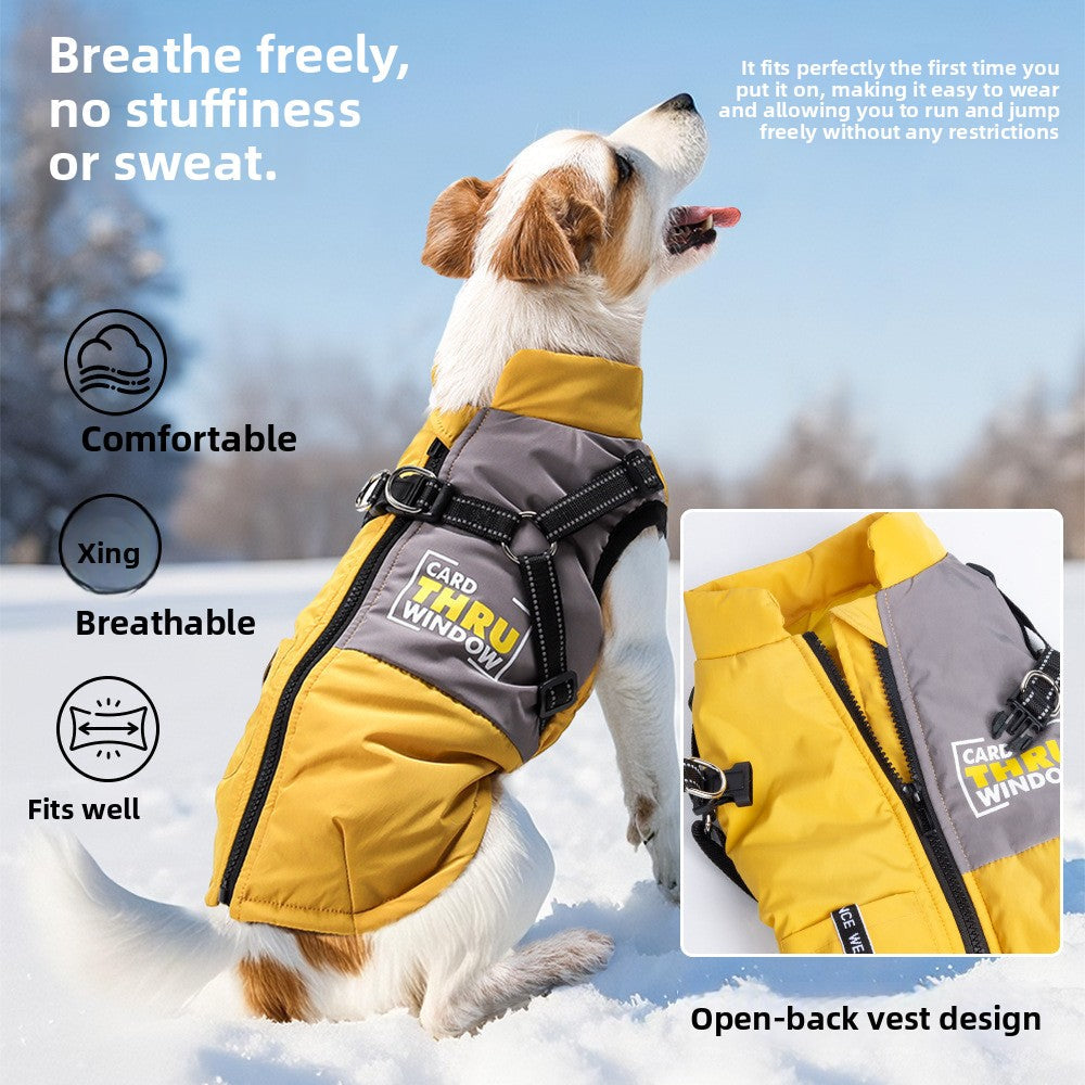 Pet Dog Winter Warm Vest Jacket in bright yellow padded fabric, with a high collar, black trim and adjustable harness straps.