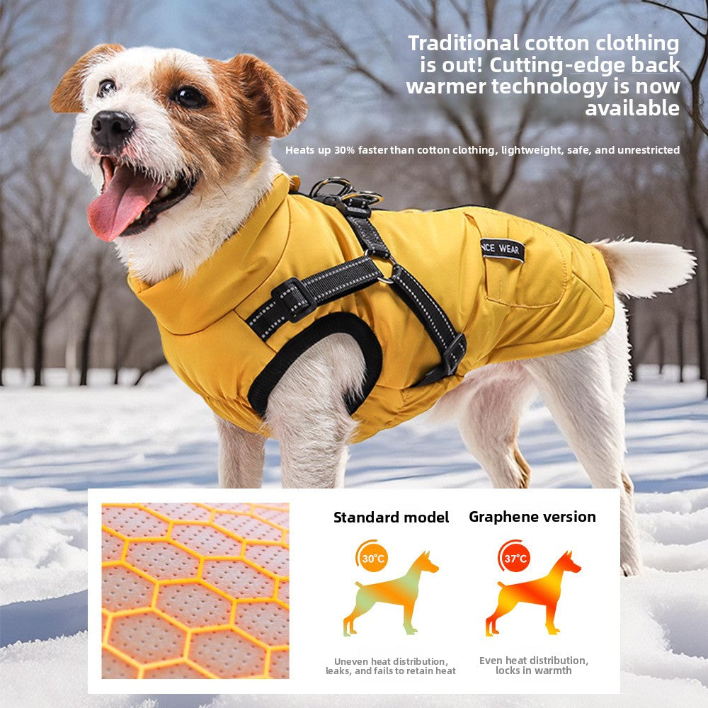 Pet Dog Winter Warm Vest Jacket in bright yellow padded fabric, with a high collar, black trim and adjustable harness straps.